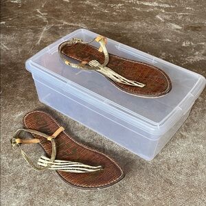 Sam Elderman Brown and Gold Sandals. Cow hide material